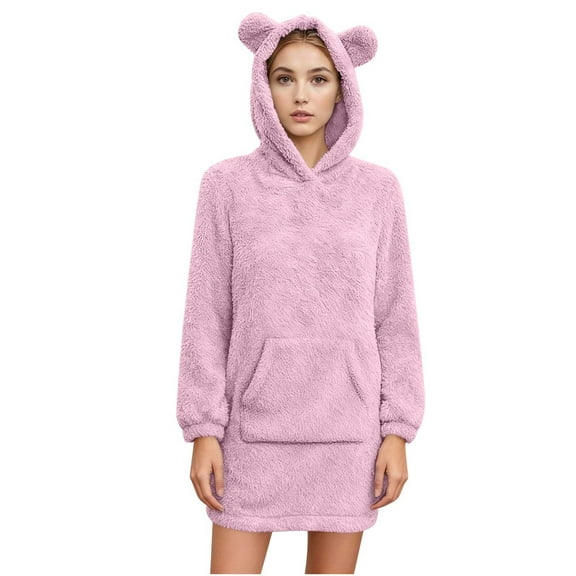 Miluxas Women Bear Ear Shape Coat Fuzzy Fleece Jacket Hooded Sweatshirt Coat Pink L(L)
