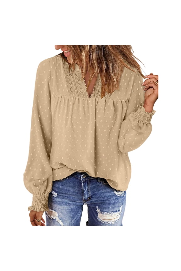 Women Boho Long Sleeve Shirts Dressy Casual V Neck Fall Fashion Tops Swiss Dot Flowy Blouses Khaki XL(XL)