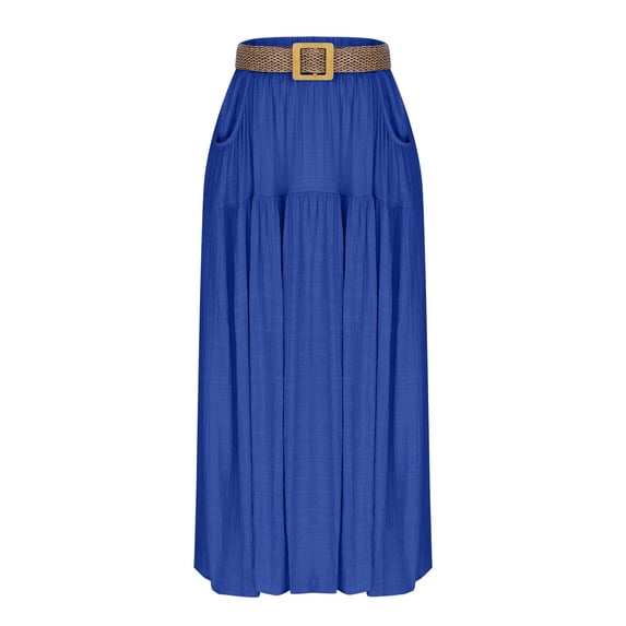Miluxas Women Boho Style Pleated Skirts Elastic Waist Flowy Swing A-line Ankle Skirts with Pockets & Belts Blue
