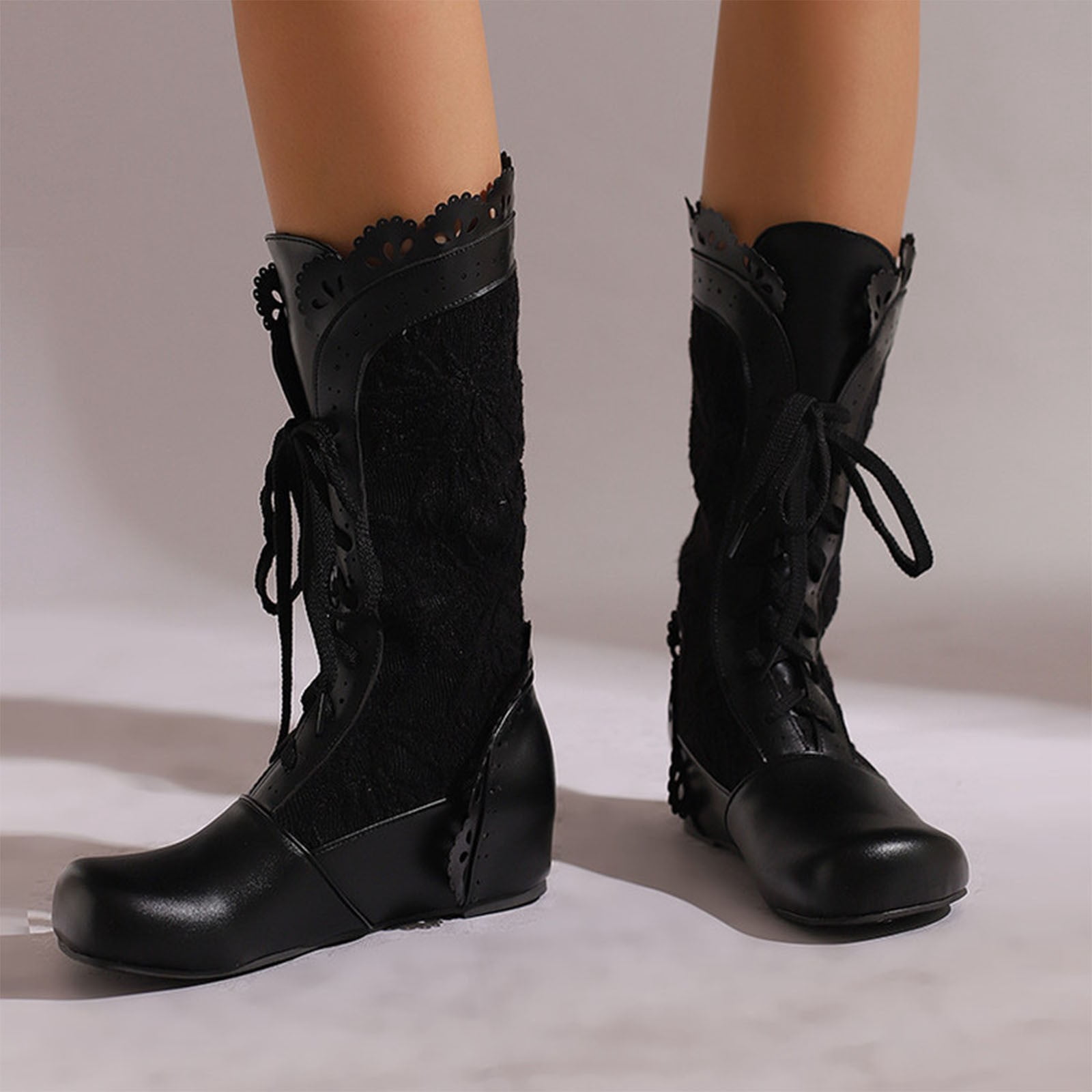 Miluxas Women Boots Perforated Ruffles Lace up Costumes Vintage Height ...