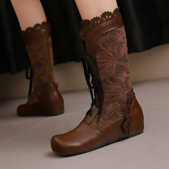 Miluxas Women Boots Perforated Ruffles Lace up Costumes Vintage Height Increasing Shoes Brown 8.5(41)