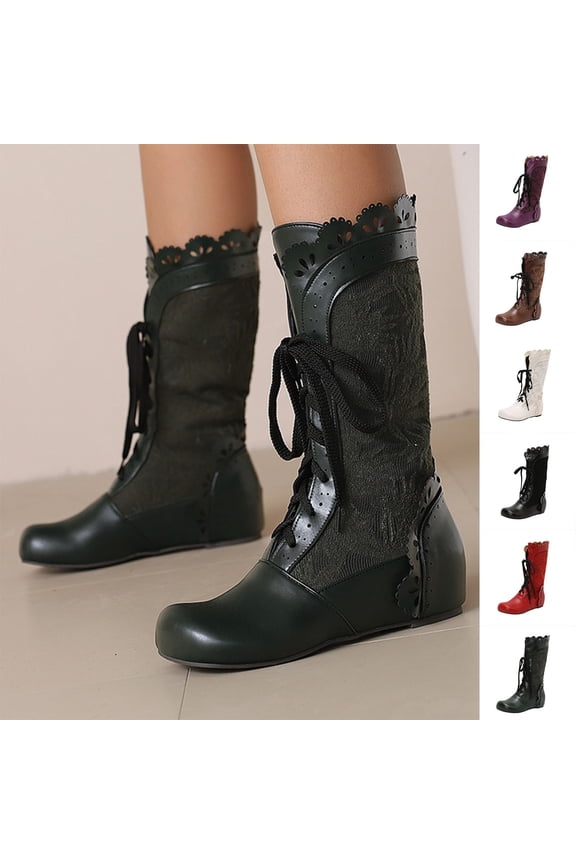 Women Boots Perforated Ruffles Lace up Costumes Vintage Height Increasing Shoes White 9.5(43)