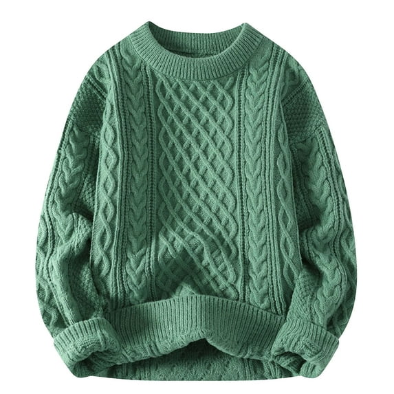 Miluxas Women Cable Knit Vintage Chunky Sweater Loose Casual Knitted Sweater Unisex Woven Crewneck Knitted Top Green 8(L)