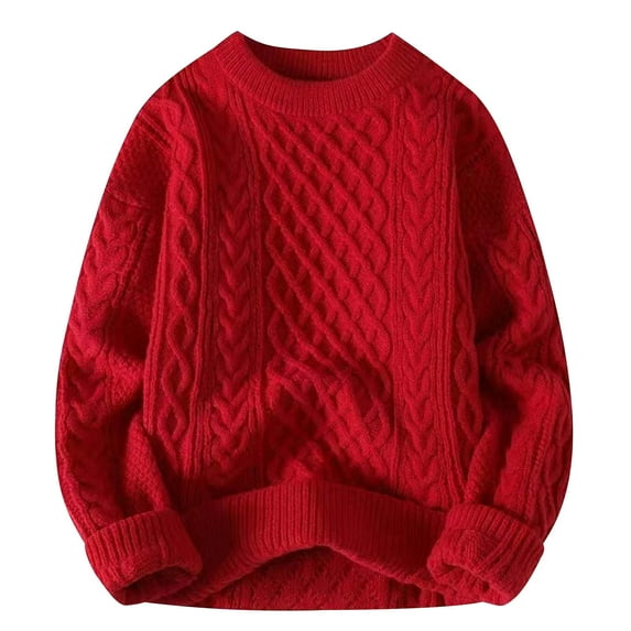 Miluxas Women Cable Knit Vintage Chunky Sweater Loose Casual Knitted Sweater Unisex Woven Crewneck Knitted Top Red 6(M)