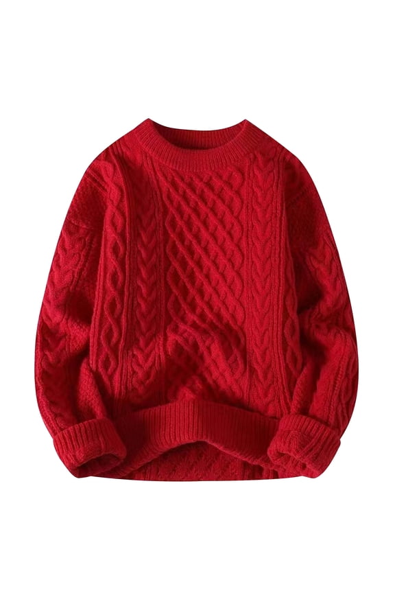 Women Cable Knit Vintage Chunky Sweater Loose Casual Knitted Sweater Unisex Woven Crewneck Knitted Top Red 12(XXL)