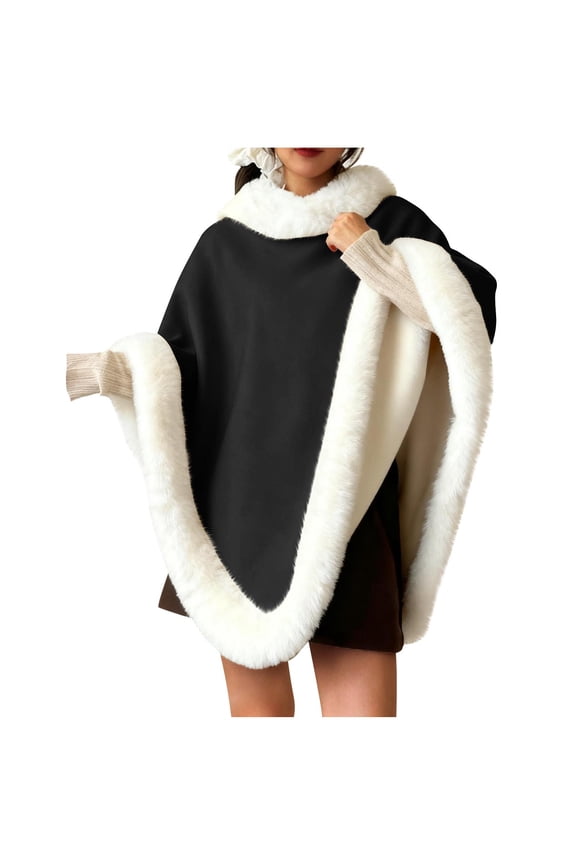 Women Cape Poncho with Plush Trim Winter Faux Plush Shawl Wrap Coat Sleeveless Cloak Loungewear Warm Top Black Free Size