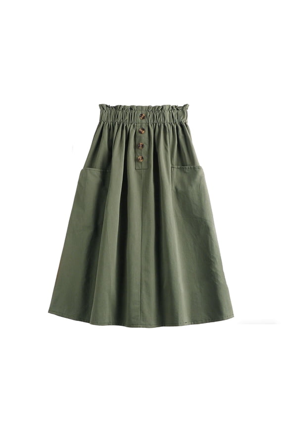 Women Casual Cotton Linen Skirts Elastic Waist A-Line Mid Length Skirt Army Green
