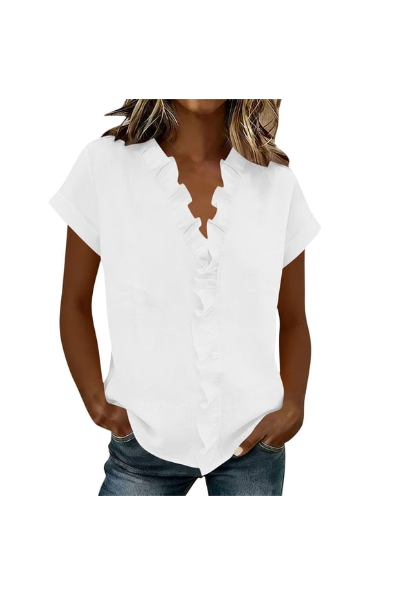 Women Casual Summer Ruffle Shirt Blouse Ruffles V Neck Short Sleeve Loose Fit Bottom Shirt Tops White L(L)