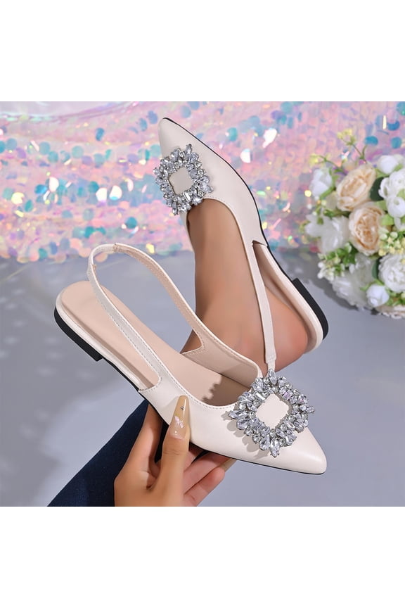 Women Chunky Block Low Heel Pointed Toe Flats Shoes Slingback Buckle Rhinestone Crystal Party Cute Flats White 7(39)