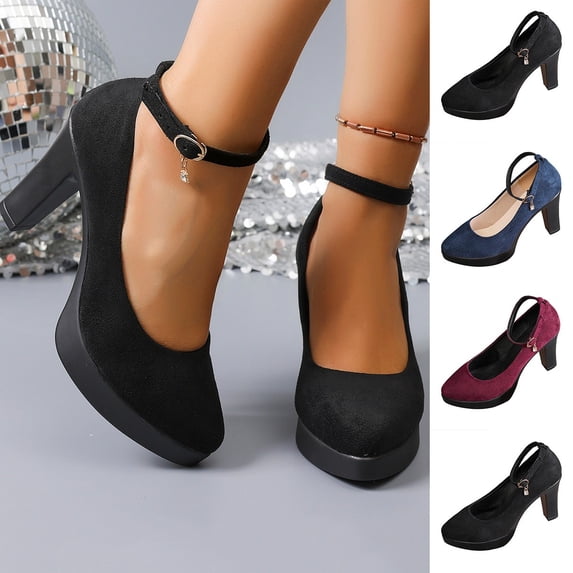 Miluxas Women Chunky High Heel Mary Jane Shoes Platform Ankle Buckle Strap Heel Round Toe Suede Pumps Wedding Bridal Dress Shoes Wine 9(42)