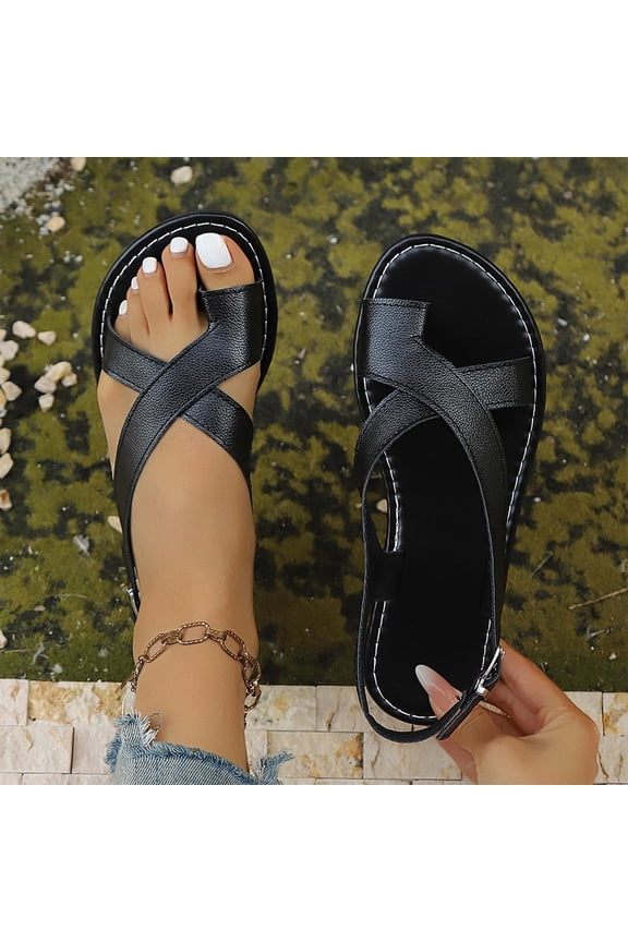 Women Classic Flat Sandals Summer Comfortable Wrap Ankle Strap Beach Flats Toe Ring Boho Sandal Black 7.5(40)