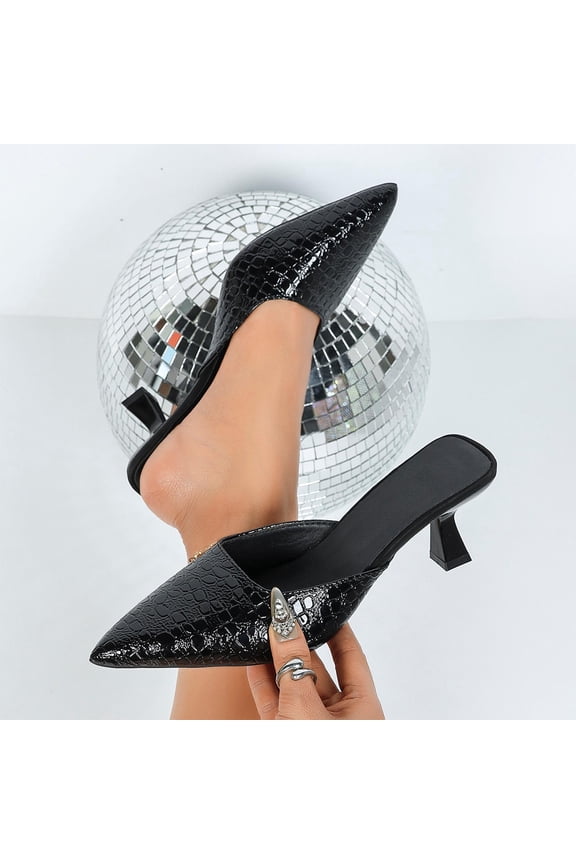Women Classic Pointed Toe Low Mid Heel Slip on Mules Slide Sandals Kitten Shoes Black 9.5(43)