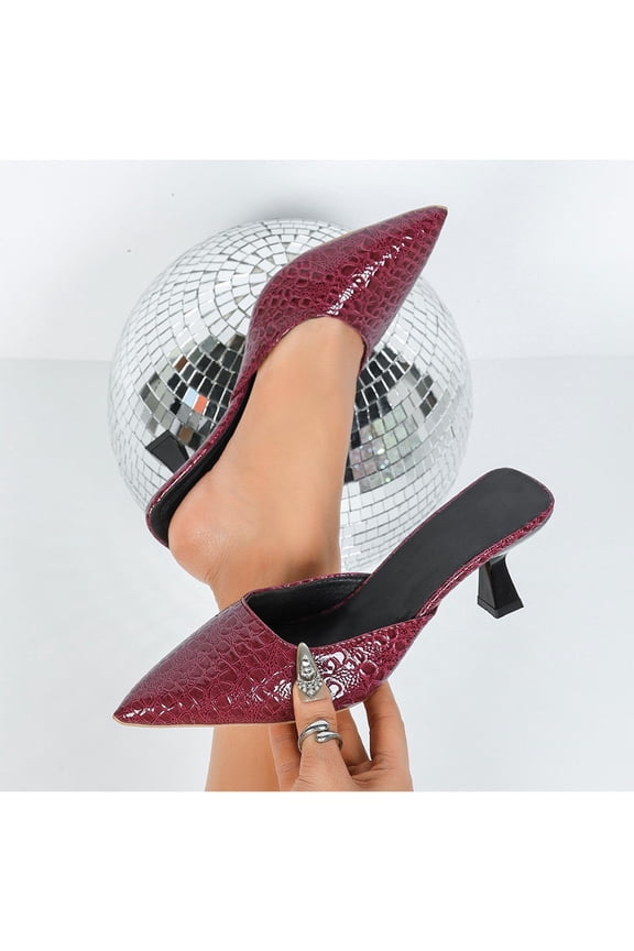 Women Classic Pointed Toe Low Mid Heel Slip on Mules Slide Sandals Kitten Shoes Wine 7(39)