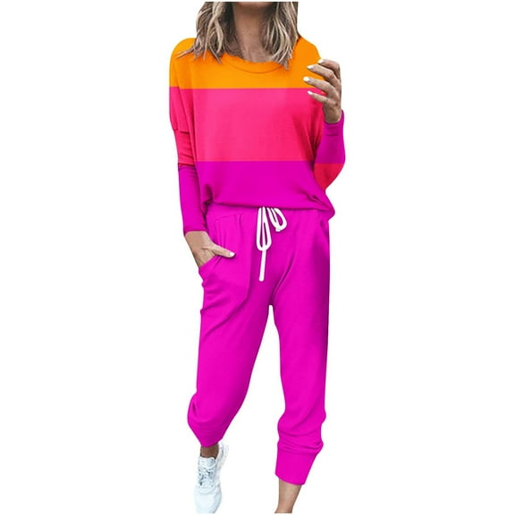 Miluxas Women Color Blocked Casual 2 Piece Outfit Long Sleeve Long Pant Set Sweatsuits Tracksuits Hot Pink 12(XXL)
