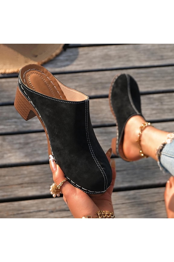 Women Comfy Closed Rounded Toe Mules Platform Slip On Block Mid Heel Sandals Party Dating Dress Shoe Black 8.5(41)