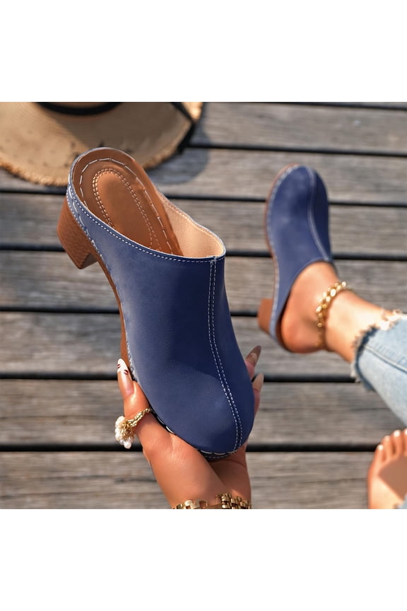 Women Comfy Closed Rounded Toe Mules Platform Slip On Block Mid Heel Sandals Party Dating Dress Shoe Blue 9(42)
