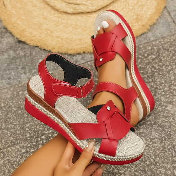 Miluxas Women Comfy Crossed Band Open Toe Platform Wedge Sandals Ankle Strap Buckle Summer Holiday Casual Shoes Red-A 8.5(41)