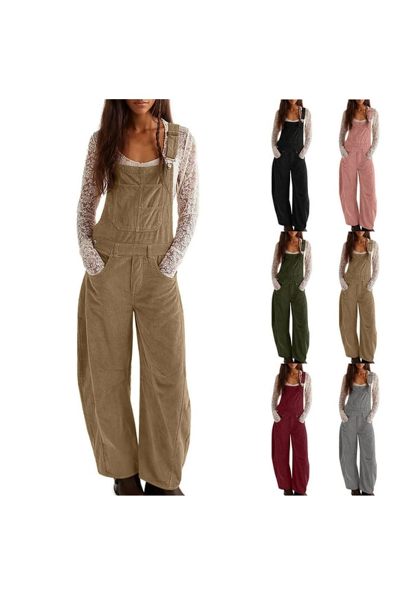 Women Corduroy Overalls Winter Fall Solid Casual Loose Sleeveless Adjustable Strap Wide Leg Jumpsuits with Pockets Wine 10(XL)