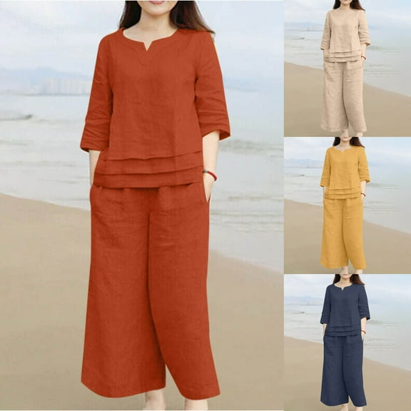 Miluxas Women Crew Neck Cotton Linen 2 Piece Outfits 3/4 Sleeve Top High Waist Wide Leg Pants Suits Solid Casual Loose Matching Sets Yellow 10(XL)