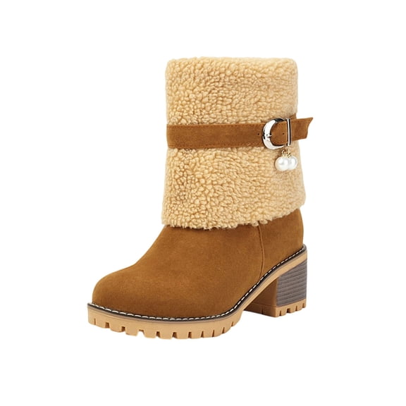 Miluxas Women Cute Warm Short Boots Women's Winter Snow Fleece Chunky Mid Heel Belt Buckle Round Toe Ankle Booties Chunky Boots Yellow 6(37)