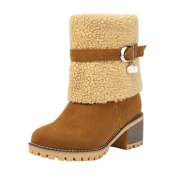 Miluxas Women Cute Warm Short Boots Women's Winter Snow Fleece Chunky Mid Heel Belt Buckle Round Toe Ankle Booties Chunky Boots Yellow 9(42)