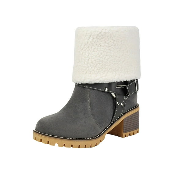 Miluxas Women Cute Warm Short Boots Women's Winter Snow Fleece Chunky Mid Heel Round Toe Ankle Booties Chunky Boots Gray 5.5(36)