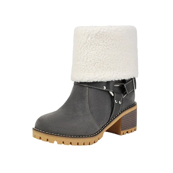 Miluxas Women Cute Warm Short Boots Women's Winter Snow Fleece Chunky Mid Heel Round Toe Ankle Booties Chunky Boots Gray 6(37)