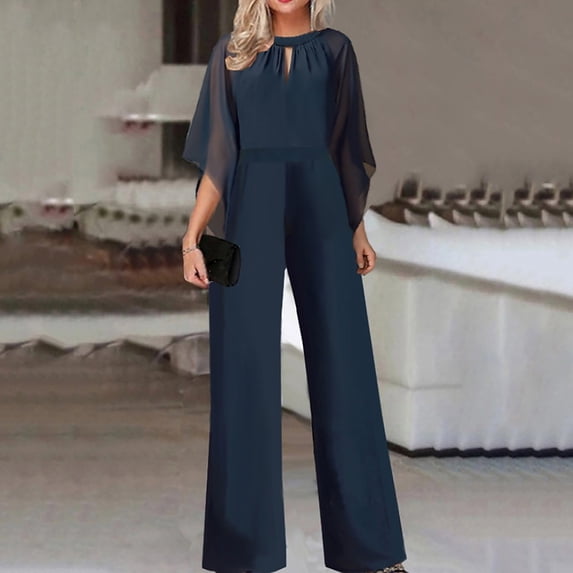 Miluxas Women Dressy Jumpsuits Casual Loose Short Sleeve Belted Wide Leg Pant Elegant Romper Navy 14(XXXL)