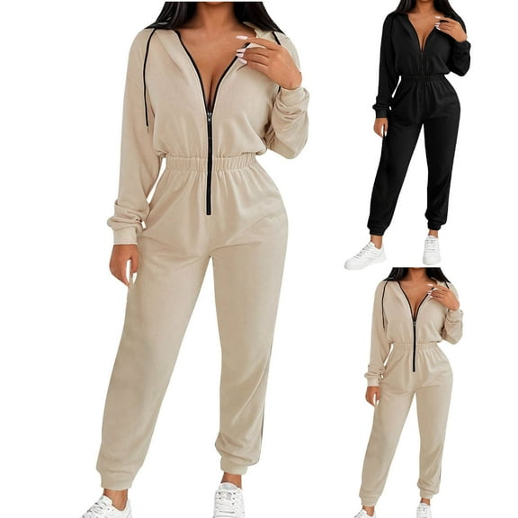 Miluxas Women Fall Jumpsuits Solid Color Long Sleeve Zip up Hoodie Romper One Piece Outfit Going Out Clothes Khaki XL(XL)