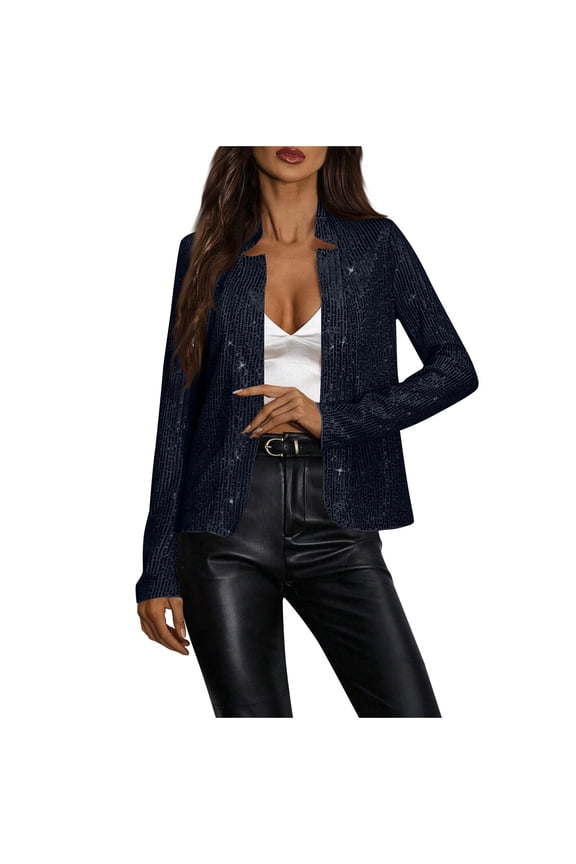 Women Fashion Sequin Jacket Glitter Sparkle Stand Collar Open Front Solid Casual Long Sleeve Blazer Coat Black L(L)