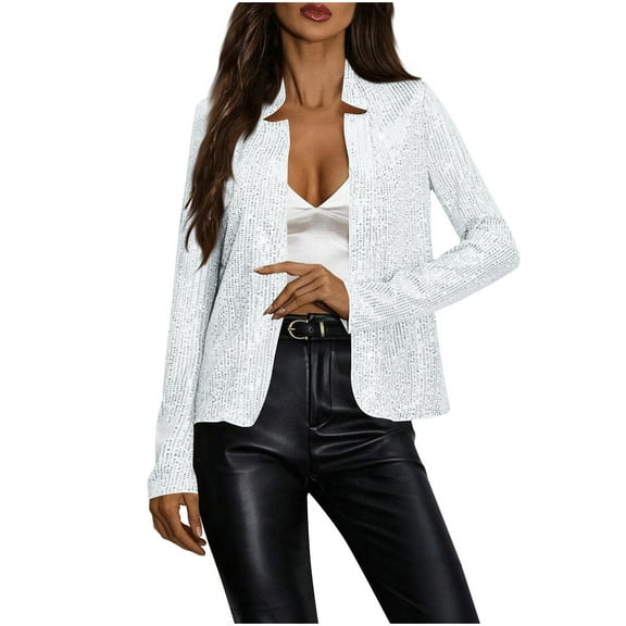 Miluxas Women Fashion Sequin Jacket Glitter Sparkle Stand Collar Open Front Solid Casual Long Sleeve Blazer Coat White M(M)