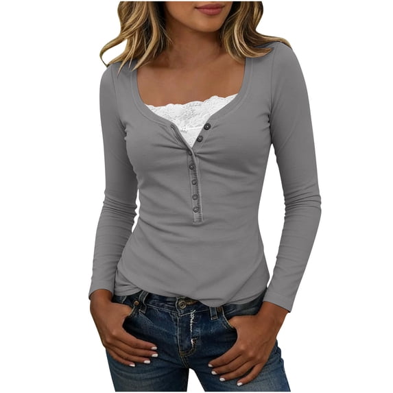 Miluxas Women Fashion Slim Fit Tops Lace Button Square Neck Long Sleeved T-Shirt for Daily Wear Gray
