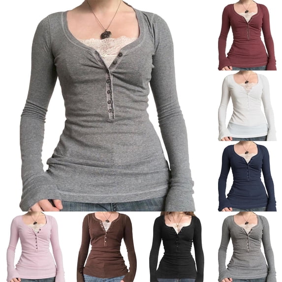Miluxas Women Fashion Slim Fit Tops Lace Button Square Neck Long Sleeved T-Shirt for Daily Wear White