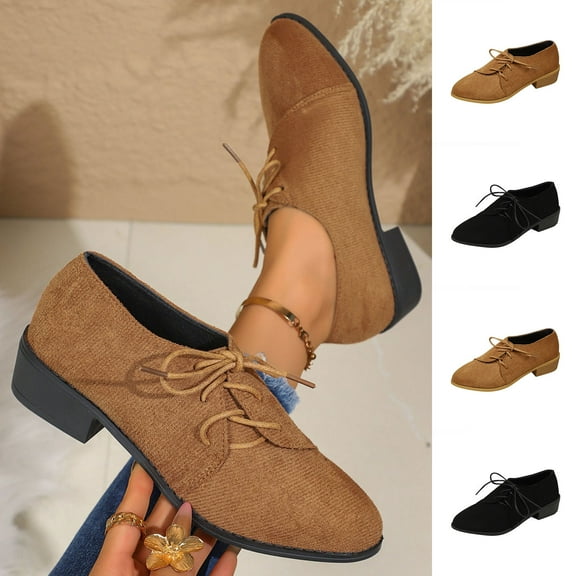 Miluxas Women Fashion Solid Color Pointed Toe Lace up Loafers Slip on Low Heel office Lady Shoes Brown 9.5(43)