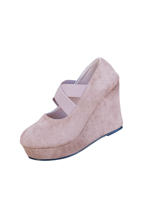 Women Fashion Spring Plus Size Shallow Mouth Round Head High Heels Solid Color Shoes Waterproof Elastic Strap Slope Heels Khaki 7.5(40)