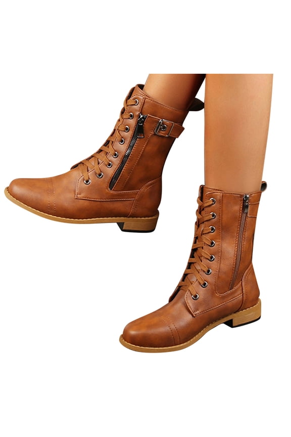 Women Fashion Style Cowboy Riding Casual Warm Low Heels Knee Middle Tube Shoes B-Brown 4(35)