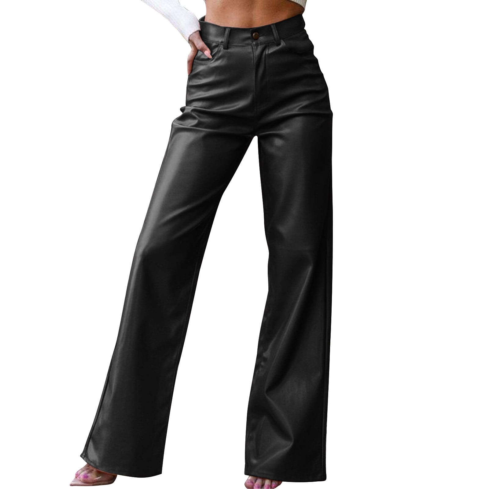 Miluxas Women Faux Leather Pants PU High Waist Straight Leg Pants with Pockets Leather Leggings Bell Bottom Flare Pants