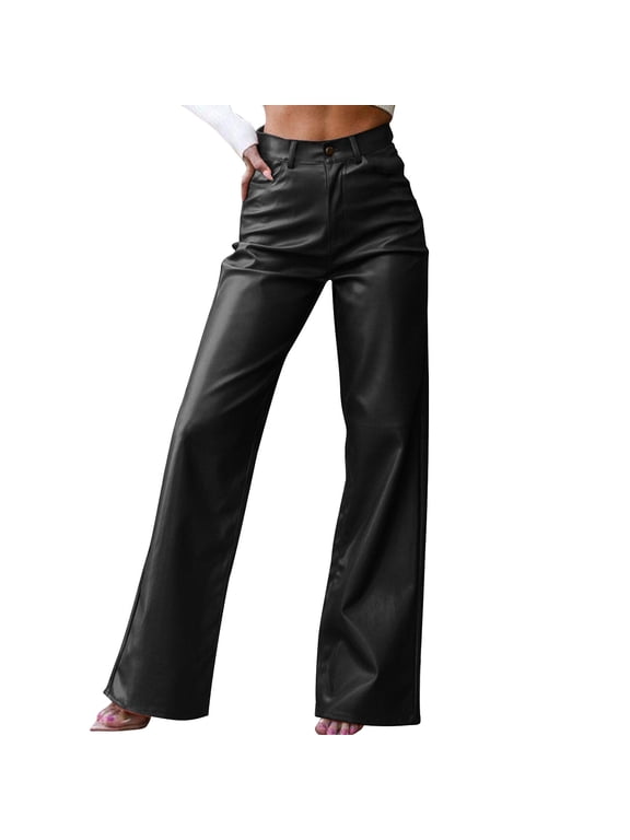 Women Faux Leather Pants PU High Waist Straight Leg Pants with Pockets Leather Leggings Bell Bottom Flare Pants