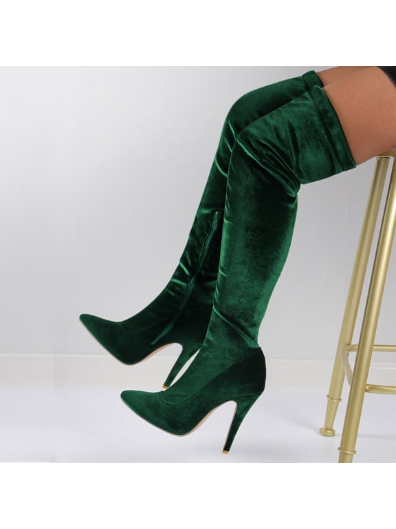 Women Faux Suede Boots Chunky Heel Stretch Over the Knee Thigh High Boots Green 8.5(41)
