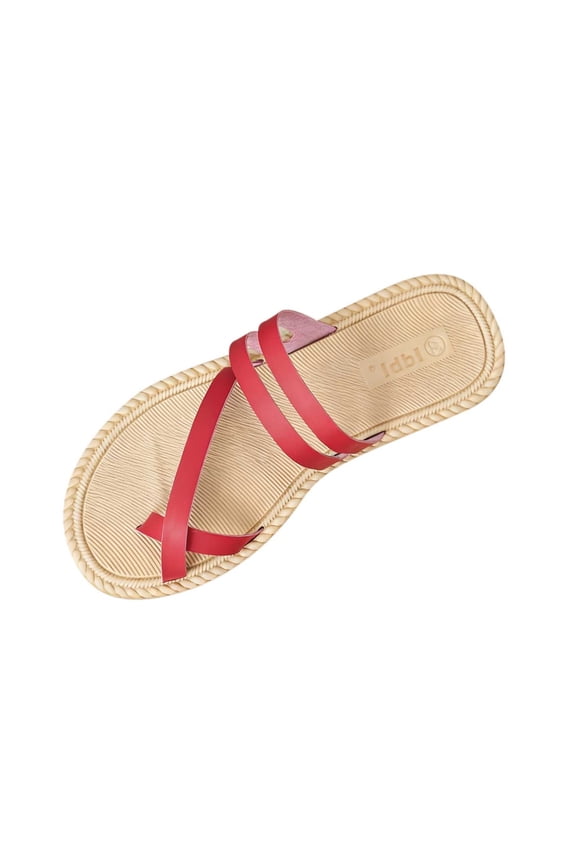 Women Flat Sandals Fashion Toe Ring Leather Slippers Summer Casual Comforty Outdoor Non Slip Beach Slide Sandals Red 7(39)