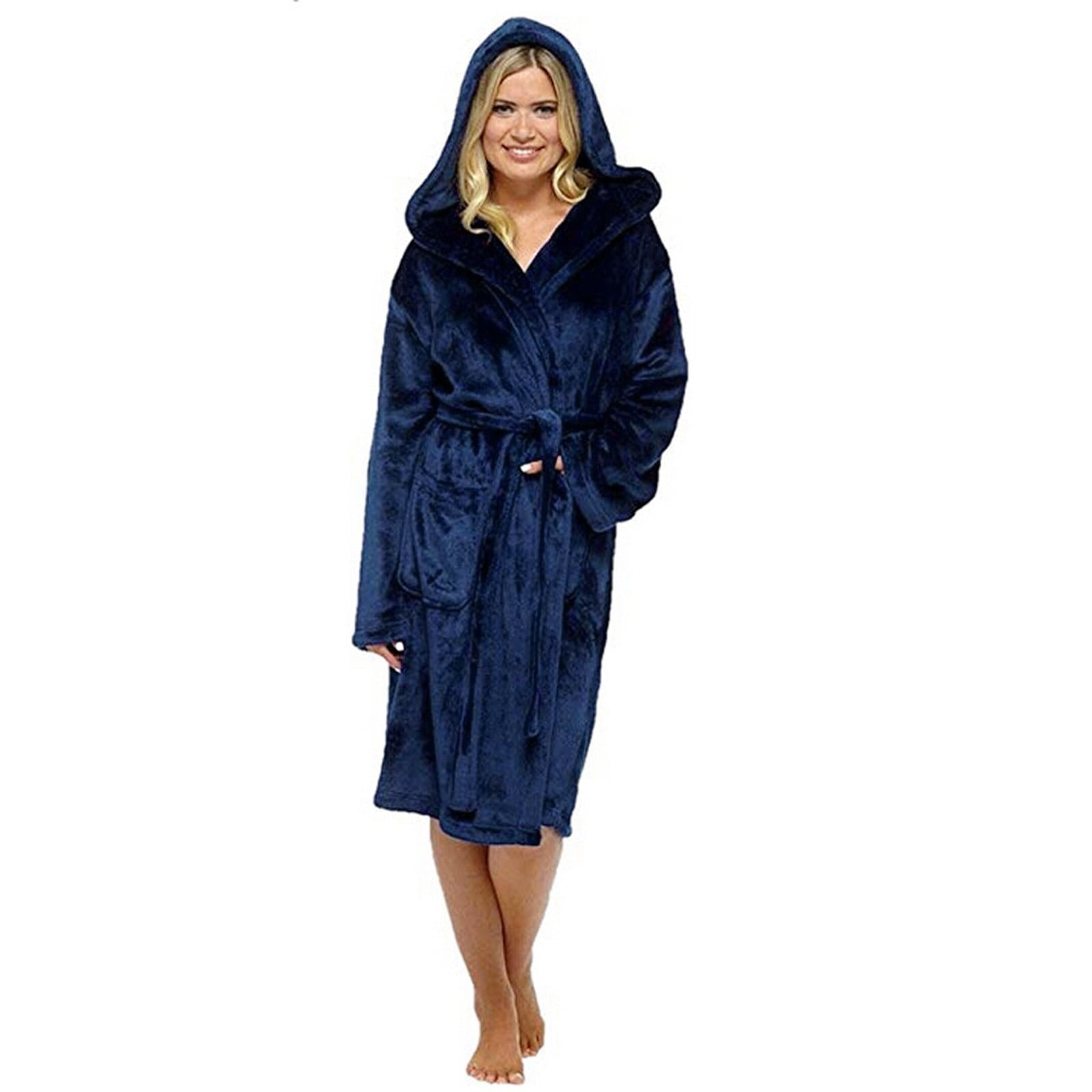 Miluxas Women Fleece Hooded Bathrobe Plush Long Robe Clearance Dark Blue XXL