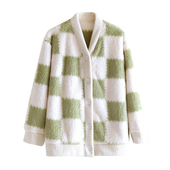 Miluxas Women Fleece Pajama Tops Button Plaid Sleepwear Fuzzy Fleece Jacket Long Sleeve Soft Warm Winter Coat Green M(M)