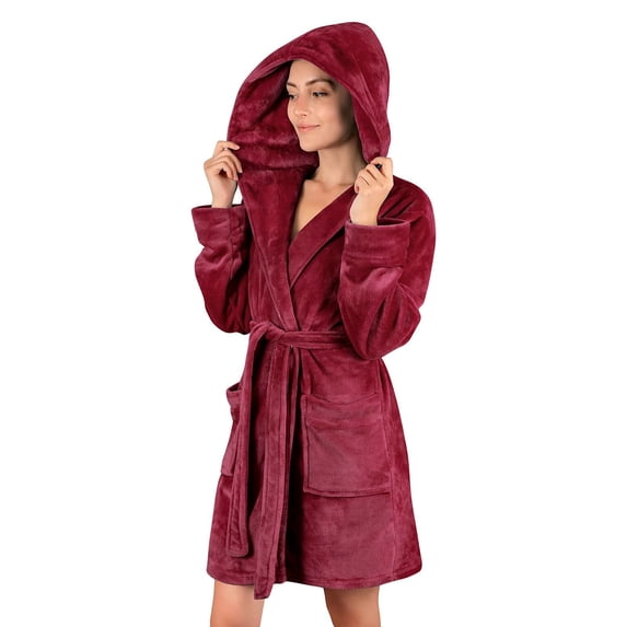 Miluxas Women Fleece Robe, Short Cozy Plush Robes for Womens Soft Shawl Collar Warm Spa Bathrobe Red 10(XL)