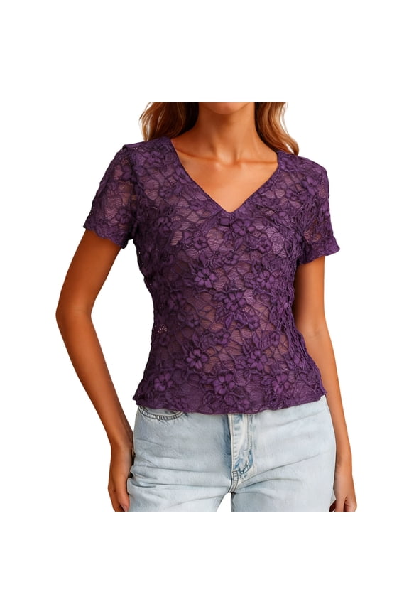 Women Flower Lace Crop Top Cap Sleeve Sheer Mesh Floral Lace Tee Slim Fit Short Sleeve Shirt Blouse Purple M(M)