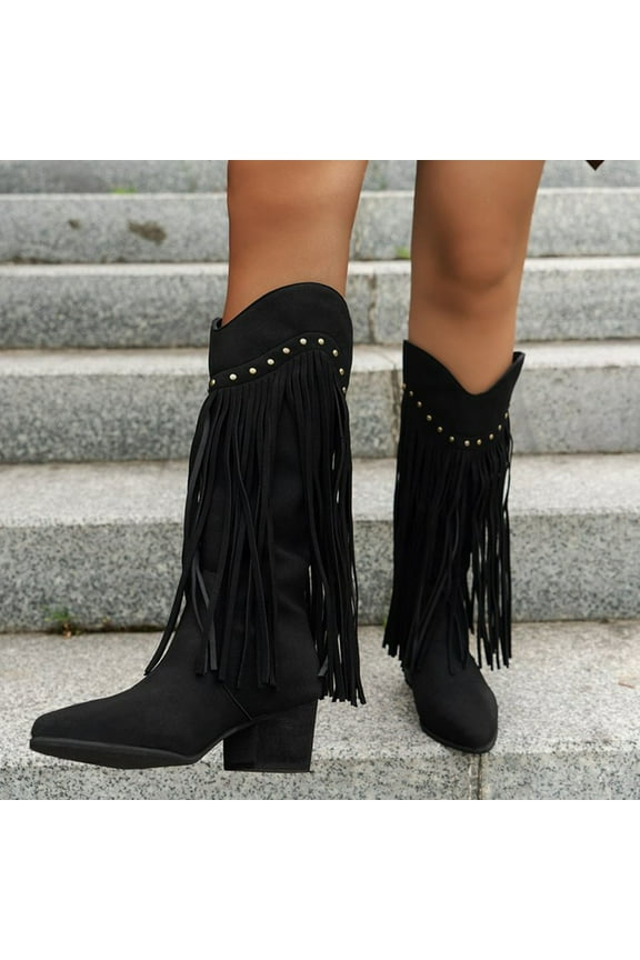 Women Fringe Cowboy Boots Square Toe Mid Calf Embroidered Western Boots,Tassel Cowgirl Boots Stacked Heel Retro Boots Black 6(37)