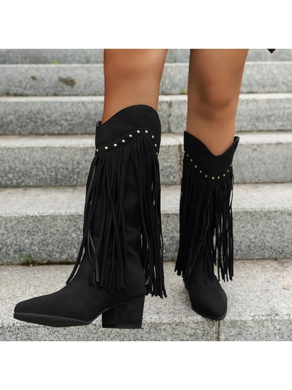 Women Fringe Cowboy Boots Square Toe Mid Calf Embroidered Western Boots,Tassel Cowgirl Boots Stacked Heel Retro Boots