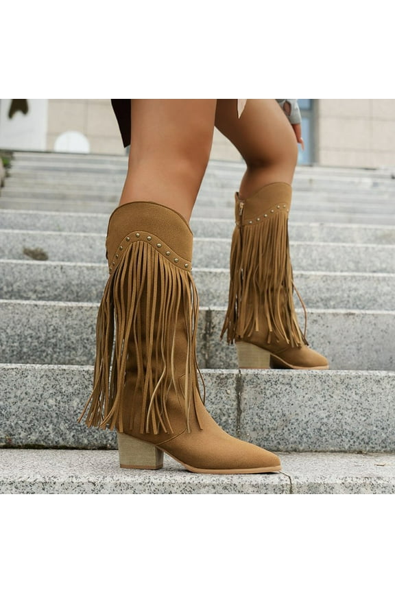 Women Fringe Cowboy Boots Square Toe Mid Calf Embroidered Western Boots,Tassel Cowgirl Boots Stacked Heel Retro Boots