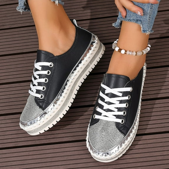 Miluxas Women Glitter Sneakers Sparkly Low Top Sequins Sneakers Lace Up Tennis Shoes Comfort Bling Shoes Fashion Shiny Walking Shoes Black-A 8.5(41)