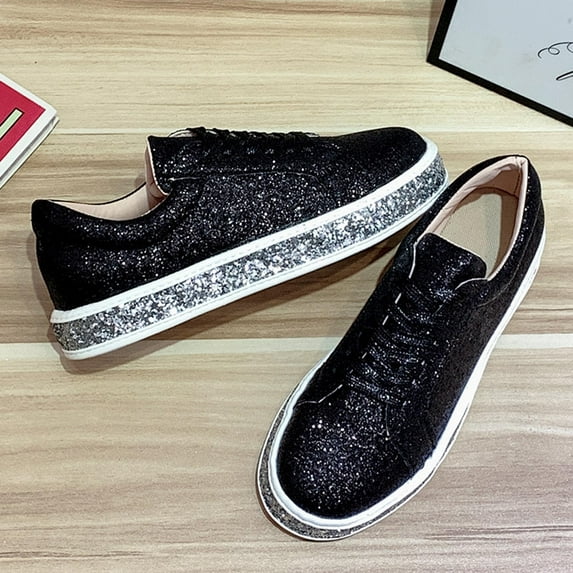 Miluxas Women Glitter Sneakers Sparkly Low Top Sequins Sneakers Lace Up Tennis Shoes Comfort Bling Shoes Fashion Shiny Walking Shoes Black-B 8.5(41)