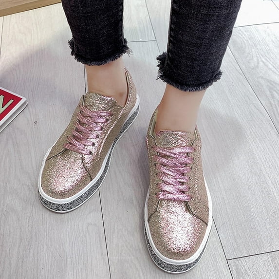 Miluxas Women Glitter Sneakers Sparkly Low Top Sequins Sneakers Lace Up Tennis Shoes Comfort Bling Shoes Fashion Shiny Walking Shoes Pink-B 6.5(38)
